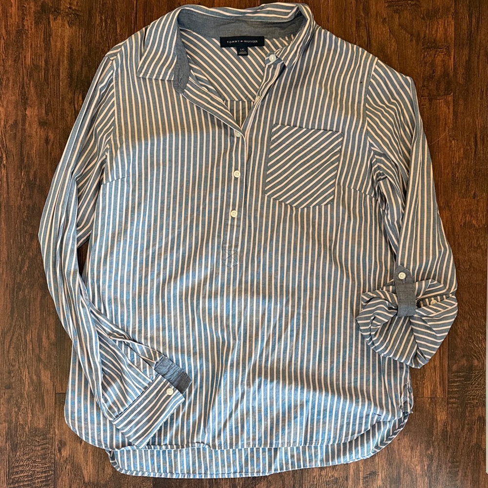 Tommy Hilfiger 100% Cotton Blue and White Striped Button-Down Shirt